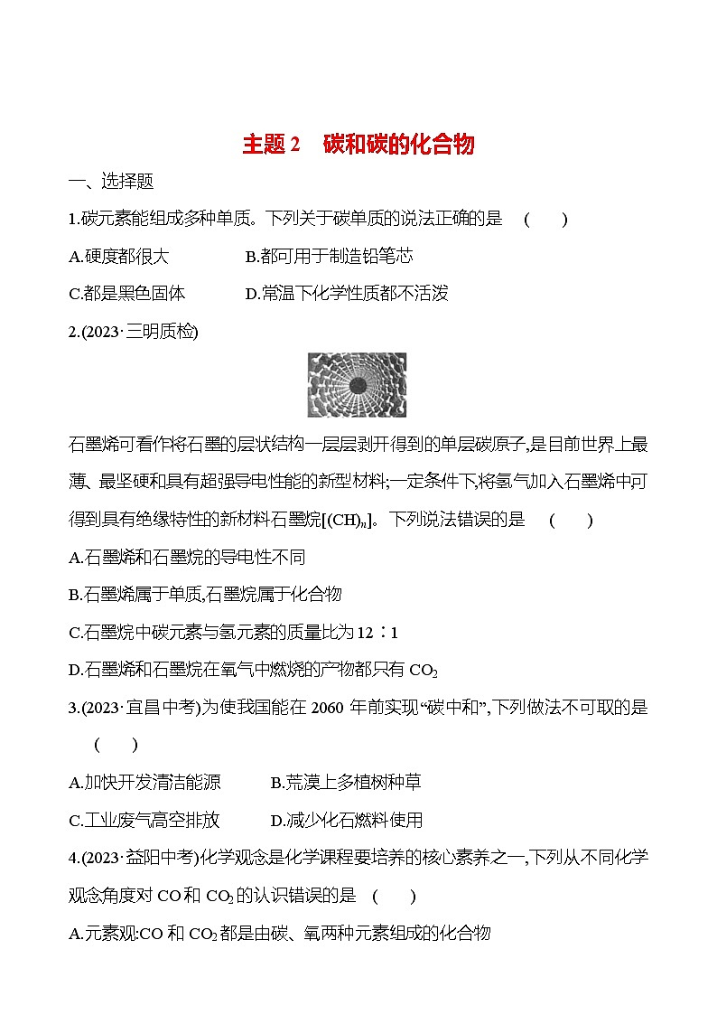 2023-2024 人教版化学 福建中考一轮复习 板块一　主题2　碳和碳的化合物 专题练习（学生版）第1页