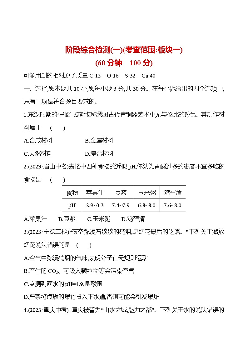 2023-2024 人教版化学 福建中考一轮复习 阶段综合检测(一)(考查范围：板块一) 专题练习（学生版）第1页