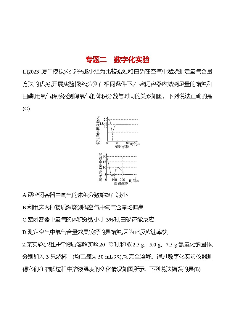 2023-2024 人教版化学 福建中考一轮复习 专题二　数字化实验 专题练习（教师版）第1页