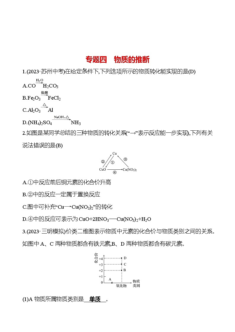 2023-2024 人教版化学 福建中考一轮复习 专题四　物质的推断 专题练习（教师版）第1页