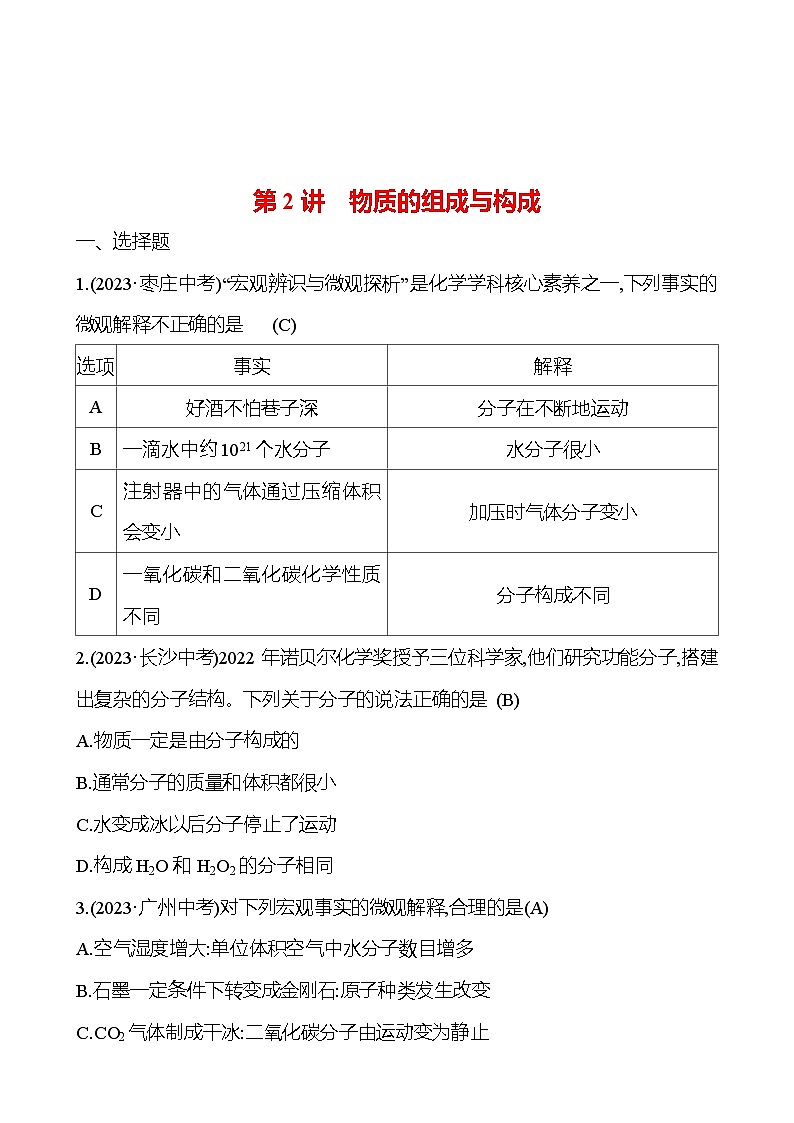 2023-2024 人教版化学 贵州中考一轮复习 板块二 第2讲　物质的组成与构成 提高练习01