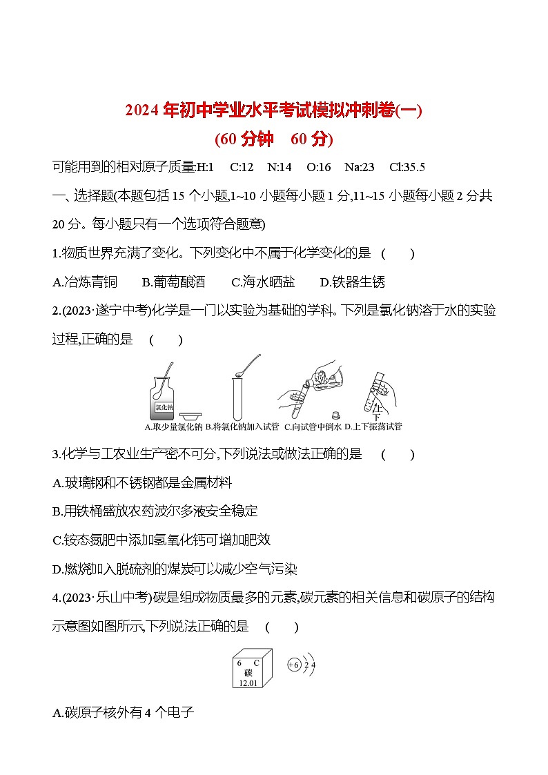 2023-2024 鲁教版化学 中考一轮复习 2024年初中学业水平考试模拟冲刺卷（一） 提高练习 （学生版）第1页