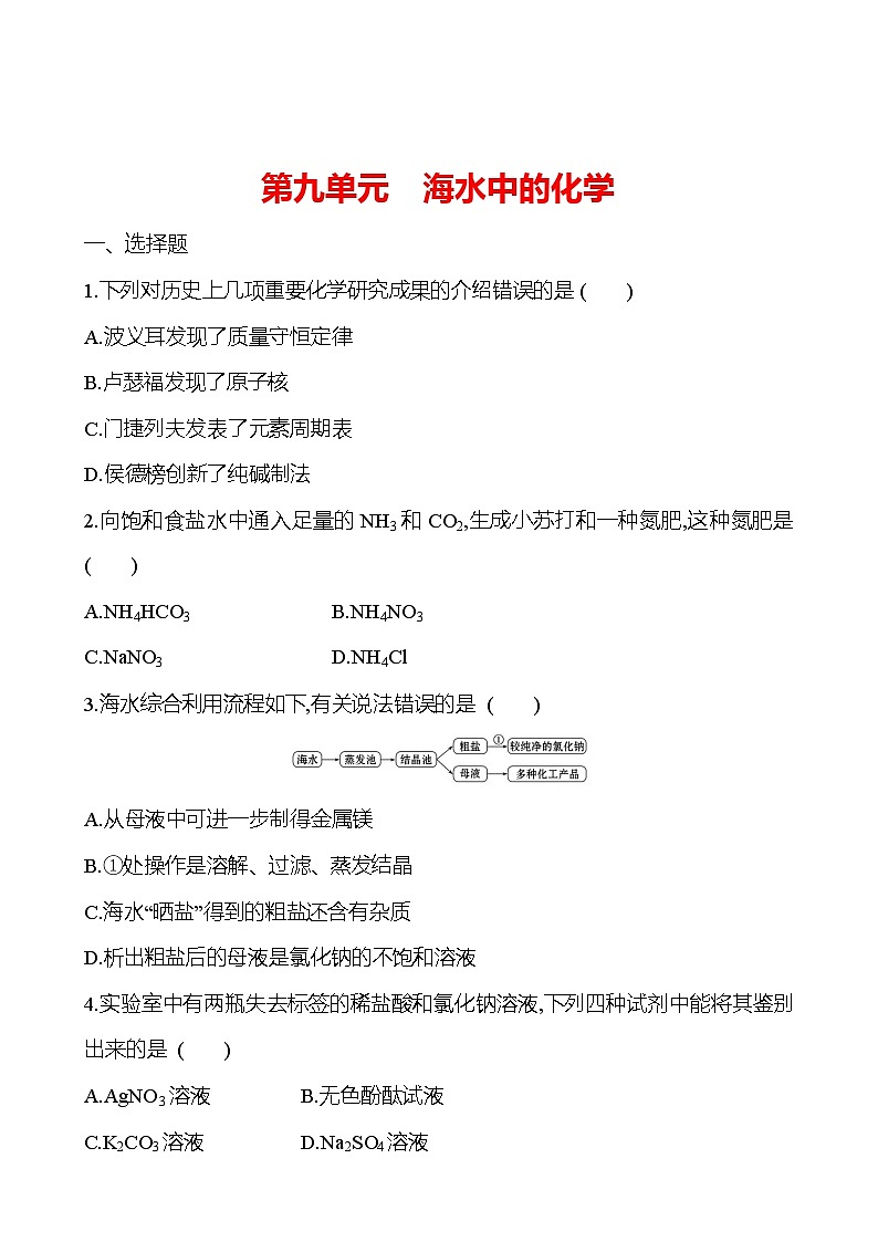 2023-2024 鲁教版化学 中考一轮复习 第九单元　海水中的化学 提高练习 （学生版）第1页
