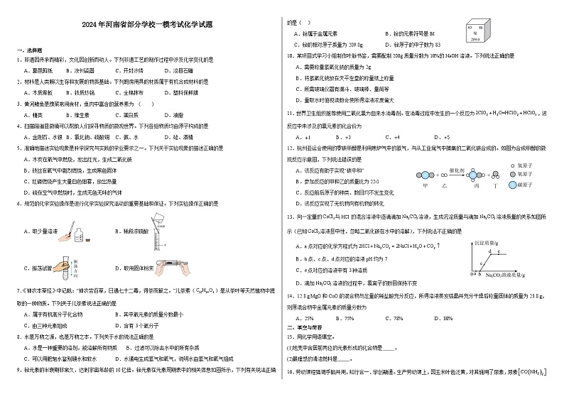 2024年河南省部分学校一模考试化学试题第1页