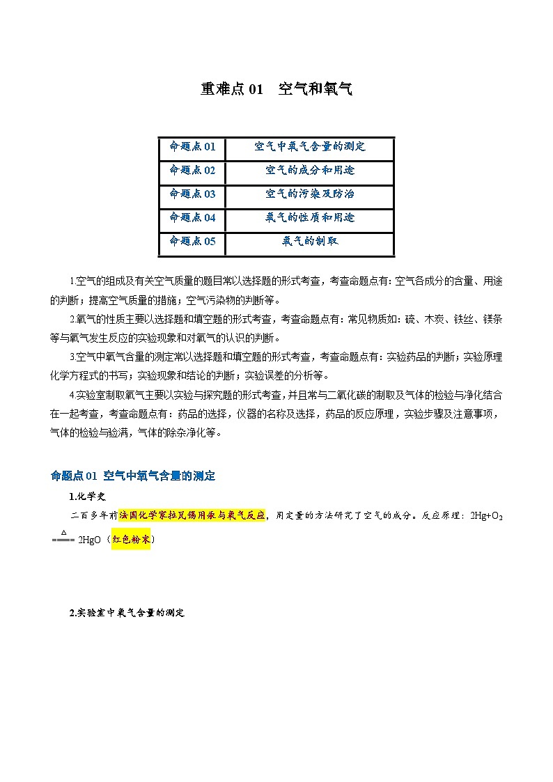 重难点01 空气和氧气（解析版）第1页