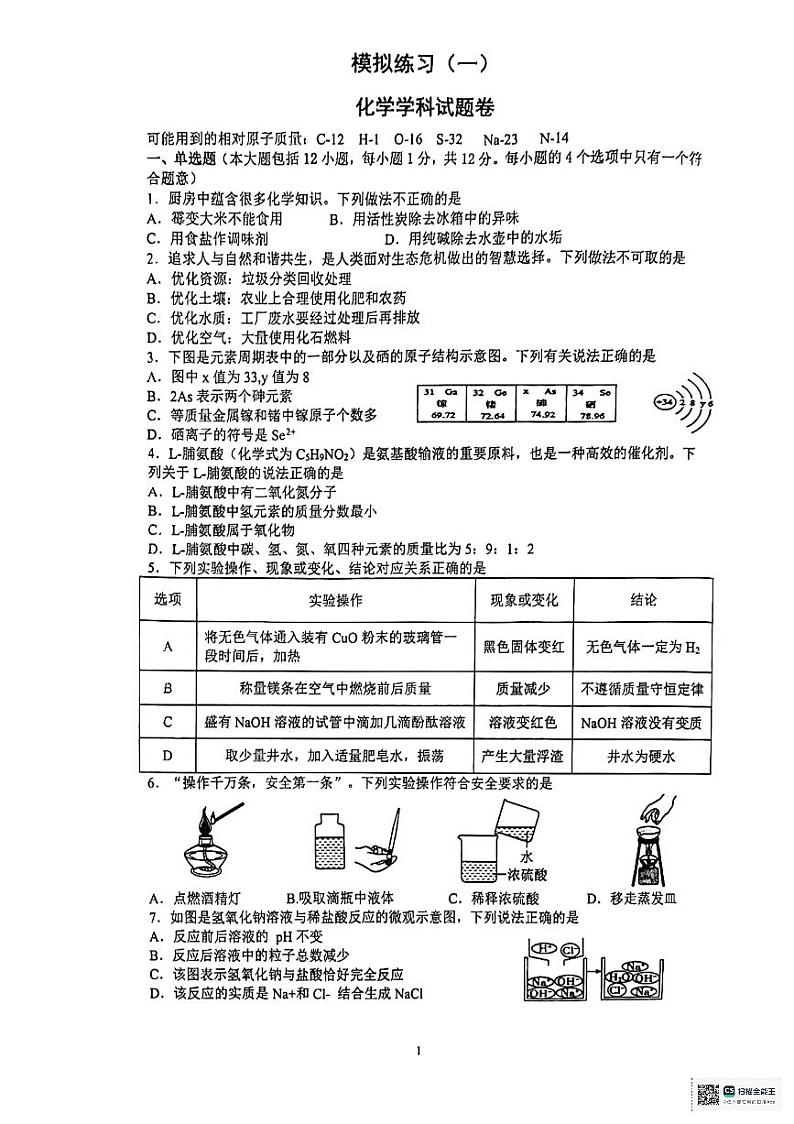 2024年安徽省合肥使第四十二中学中考一模化学试卷第1页