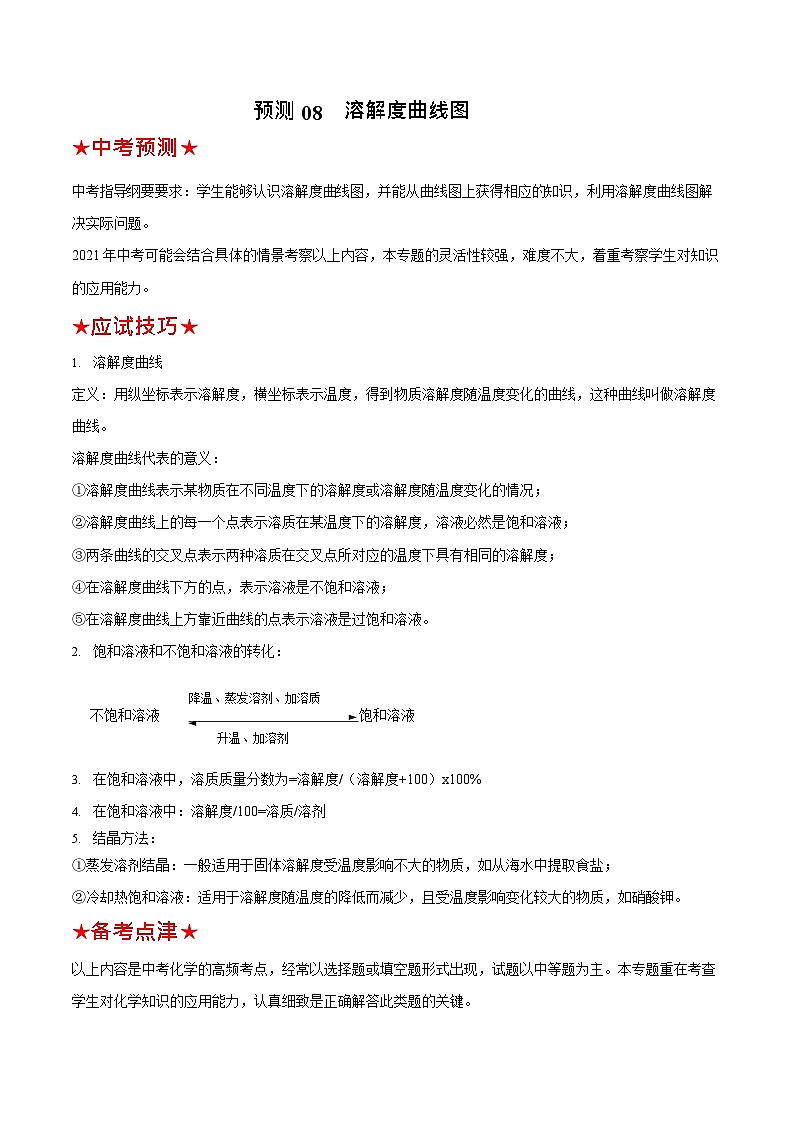 最新中考化学三轮冲刺过关  预测08  溶解度曲线图01