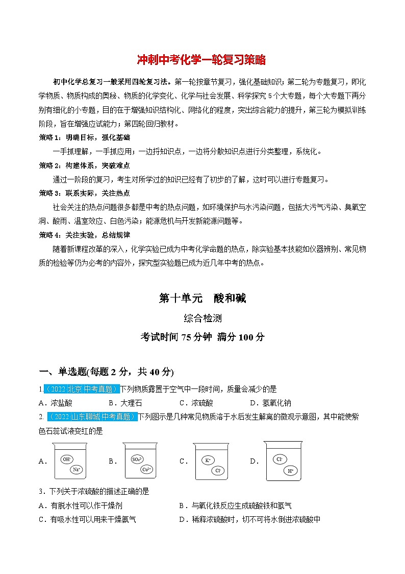 第十单元  酸和碱（测试）-2023年中考化学一轮复习讲练测（人教版）（原卷版）第1页