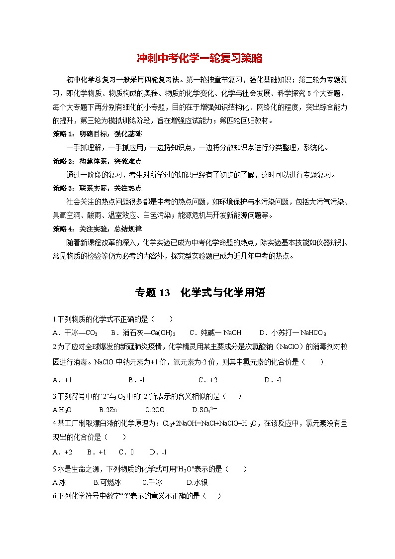专题13 化学式与化学用语（提分精练）-2022-2023学年中考化学一轮复习举一反三系列（原卷版）第1页