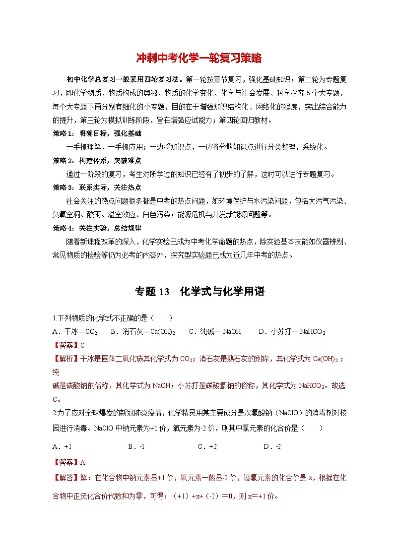 专题13 化学式与化学用语（提分精练）-2022-2023学年中考化学一轮复习举一反三系列（解析版）第1页