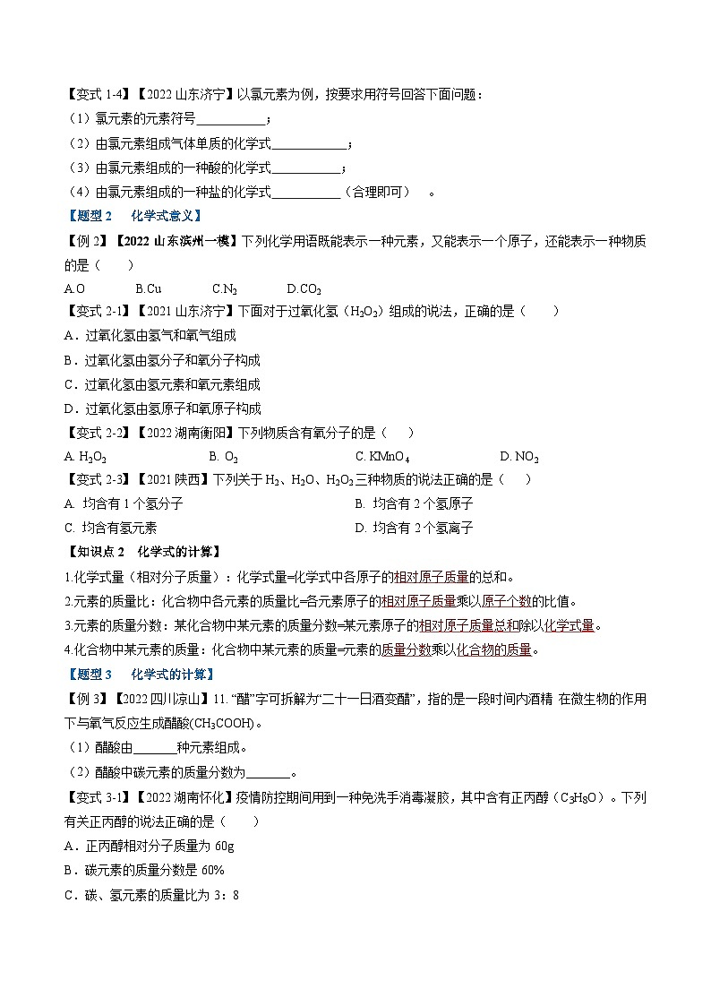 专题13 化学式与化学用语（题型精讲）-2022-2023学年中考化学一轮复习举一反三系列（原卷版）第3页