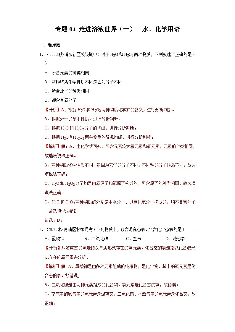 专题04 走进溶液世界（一）—水、化学用语-2020-2021学年九年级化学上学期期末必刷专题复习和模拟试卷（沪教版上海）01