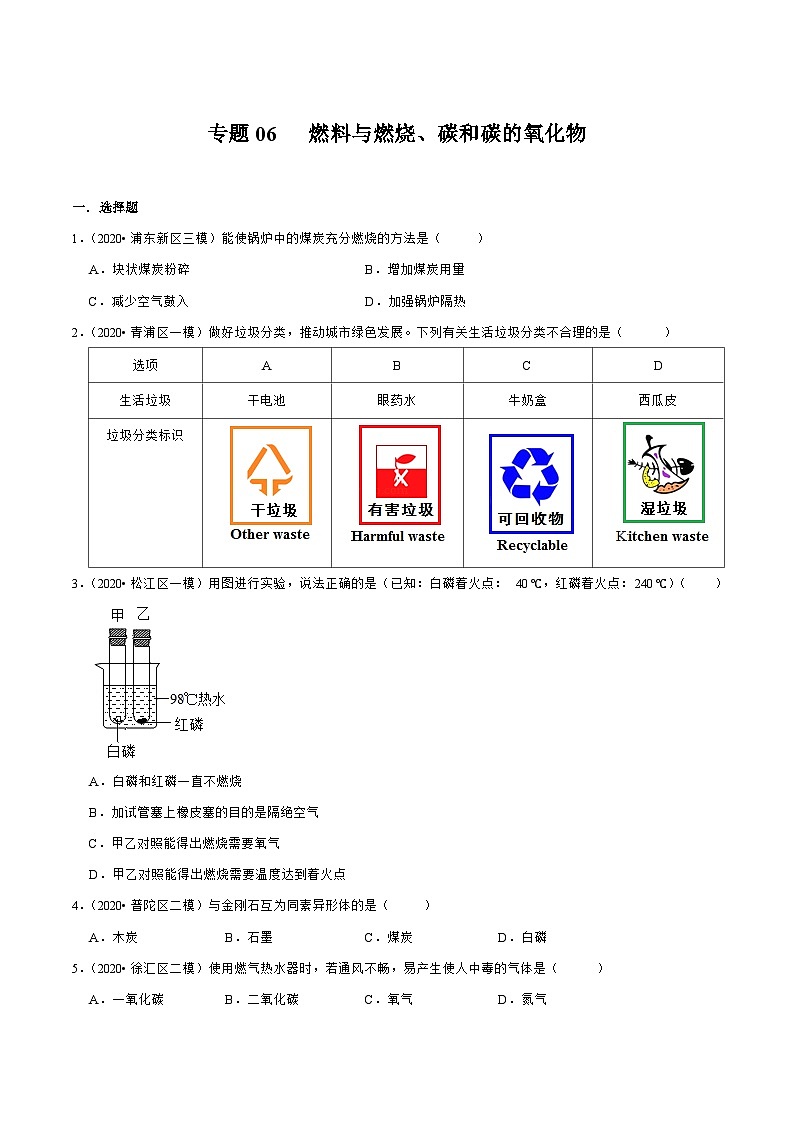 专题06燃料与燃烧、碳和碳的氧化物（原卷版）第1页