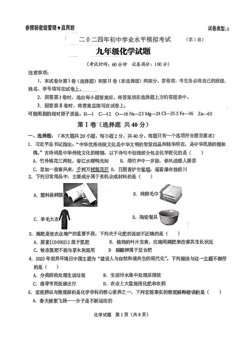 2024年山东省泰安市部分学校中考一模化学试题01