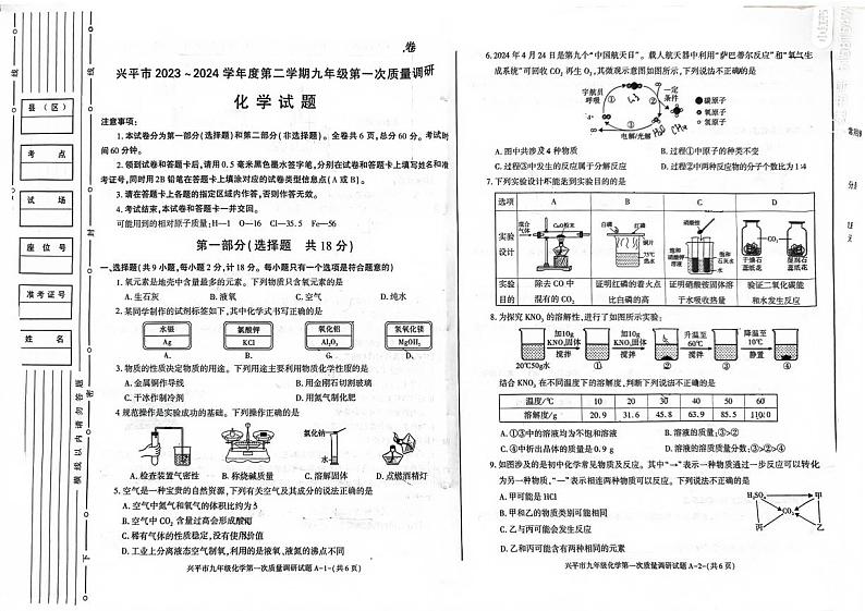 2024年陕西省兴平市中考一模考试化学试题第1页
