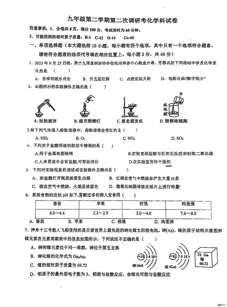 广东省惠州市惠阳区中山中学2023-2024学年九年级下学期3月月考化学试题第1页