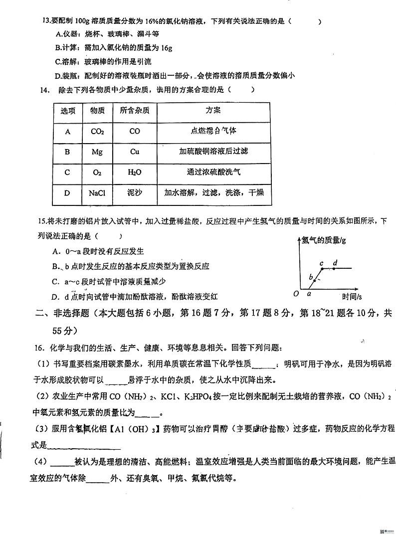广东省惠州市惠阳区中山中学2023-2024学年九年级下学期3月月考化学试题第3页