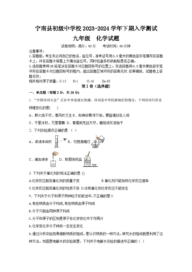 四川省凉山州宁南县初级中学校2023-2024学年九年级下学期开学考试化学试题01