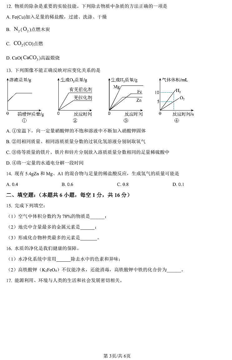 2024年河南省驻马店市九年级中考一模化学试题及答案第3页