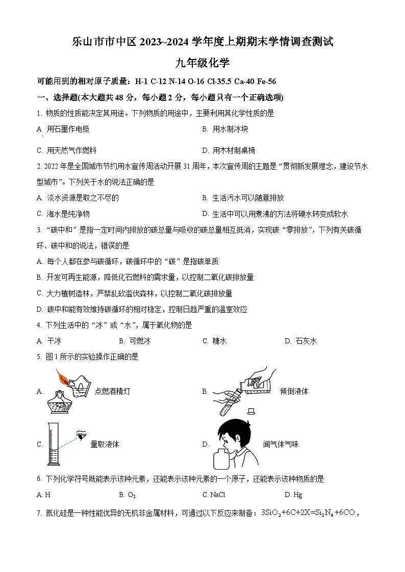 四川省乐山市市中区九年级上期期末化学试题（原卷版）第1页