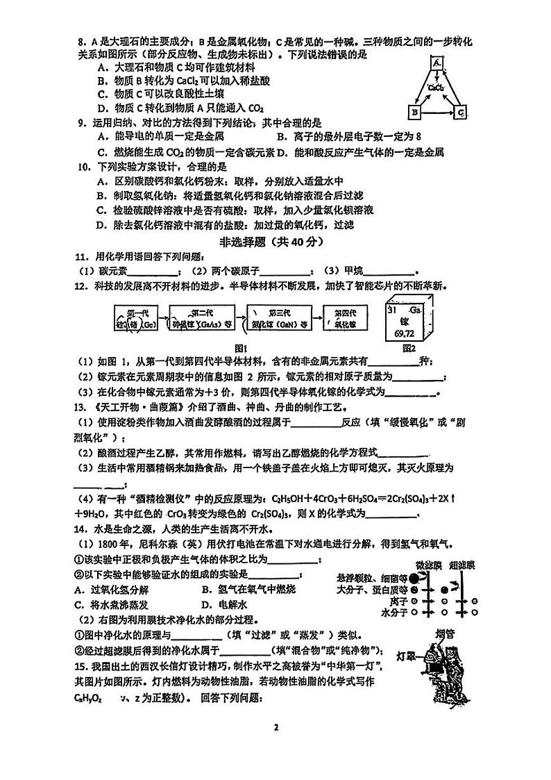 2024年吉林省长春北湖学校中考一模化学试题第2页