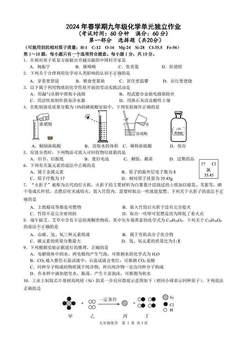 江苏省泰州市第二中学附属初中2023-2024学年九年级下学期第一次月考化学试题第1页