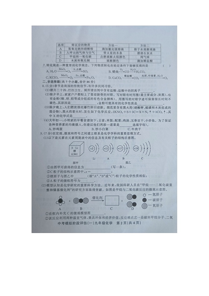 2024年贵州省黔东南州剑河县第四中学中考模拟阶段评估（一）化学试卷第2页