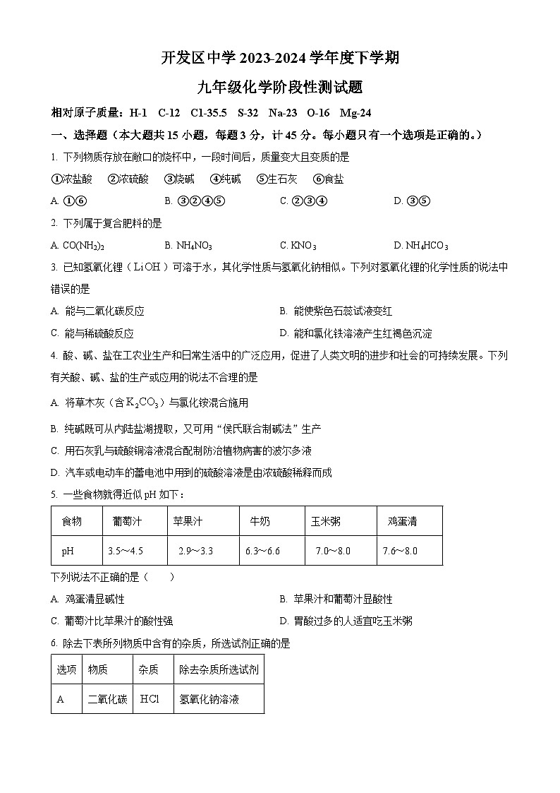 山东省日照市开发区中学2023-2024学年九年级下学期3月月考化学试卷（原卷版）第1页