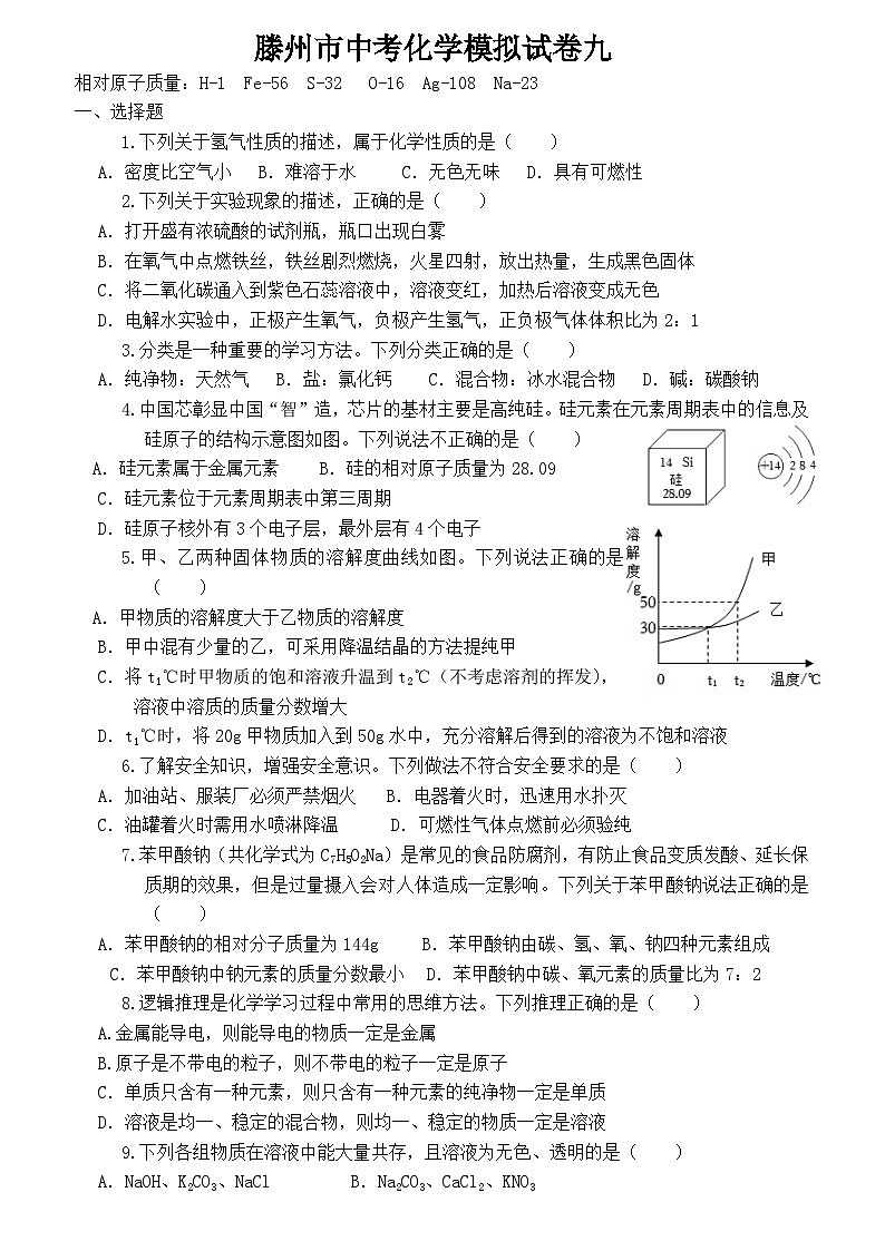 2024年山东省枣庄市滕州市中考模拟化学试卷9第1页