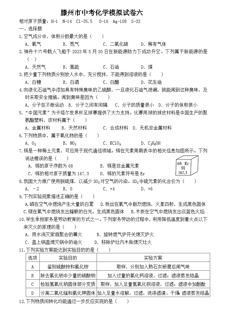 2024年山东省枣庄市滕州市中考模拟化学试卷6第1页