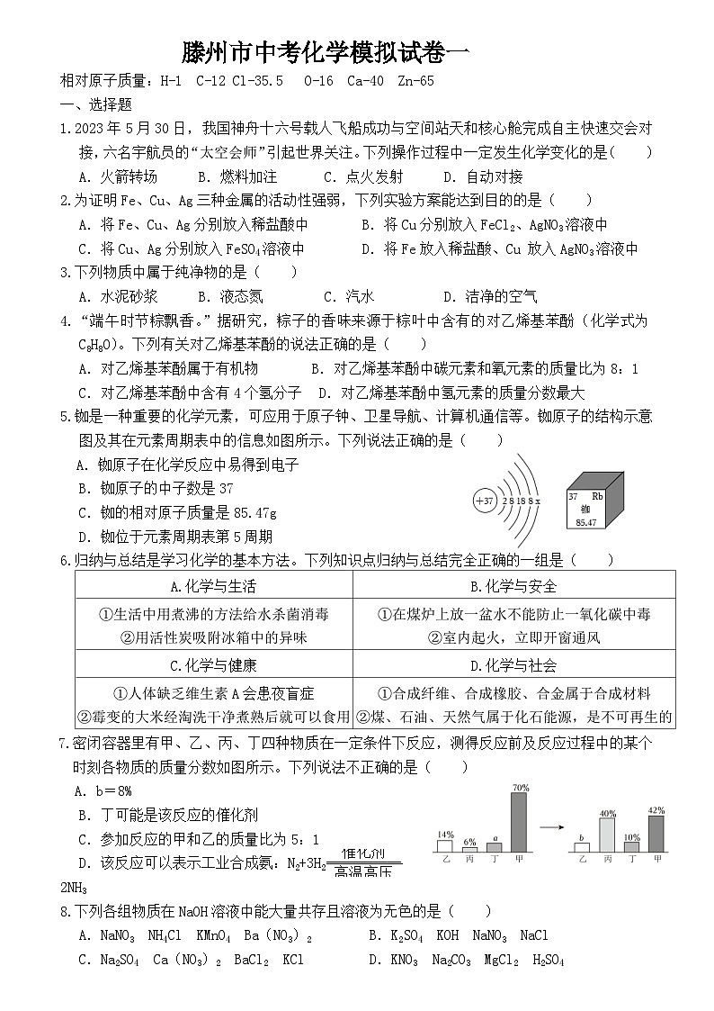 2024年山东省枣庄市滕州市中考模拟化学试卷1第1页