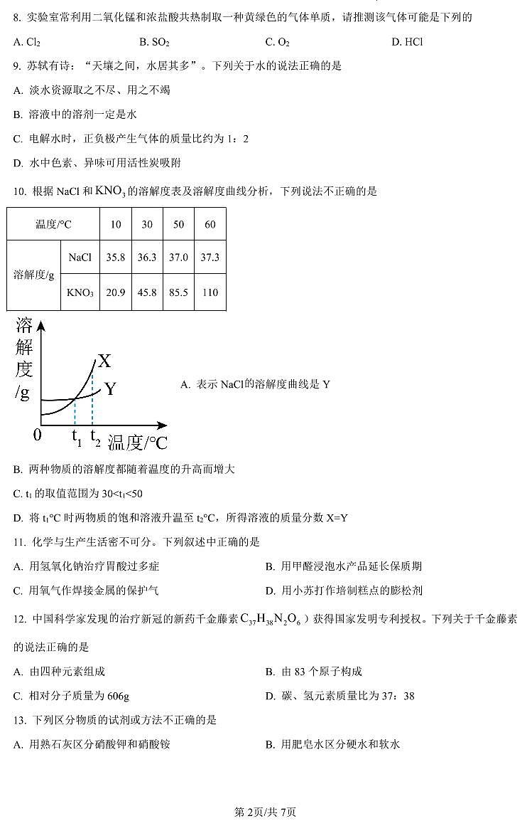 2024年河南省信阳市九年级中考一模化学试题及答案第2页