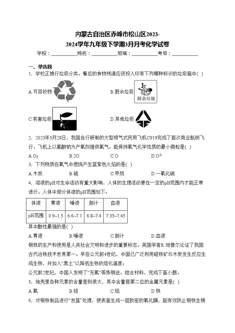 内蒙古自治区赤峰市松山区2023-2024学年九年级下学期3月月考化学试卷(含答案)第1页