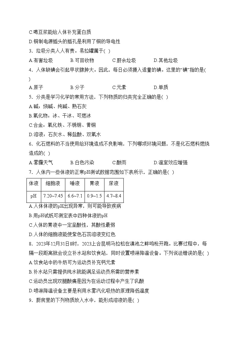 云南省昆明市云南师范大学附属中学呈贡校区2023-2024学年九年级下学期月考（五）化学试卷(含答案)第2页