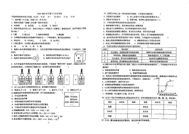 广东省江门市培英初级中学2023-2024学年九年级下学期第一次学科素养评价化学试题第1页