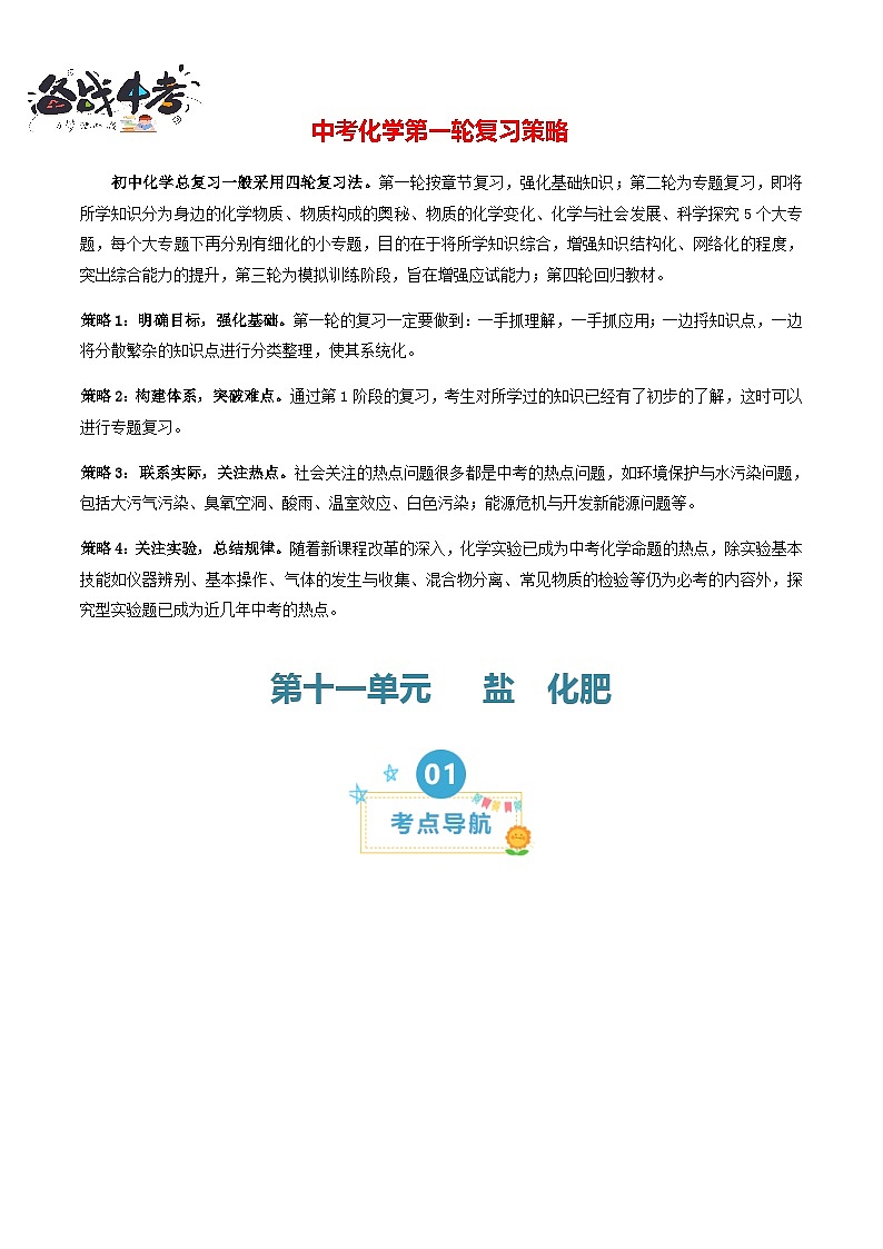 第十一单元 盐  化肥（考点清单）（讲+练）（原卷版）第1页