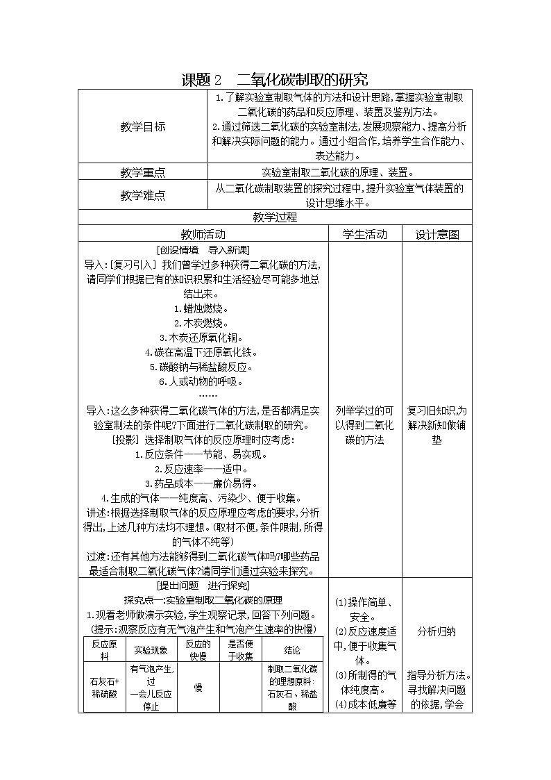 第六单元课题2二氧化碳制取的研究教案第1页