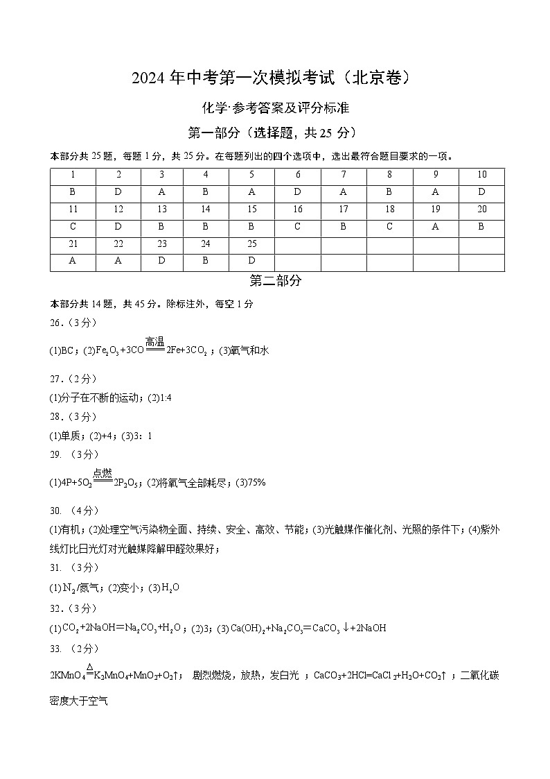 2024年中考第一次模拟考试题：化学（北京卷）（参考答案及评分标准）第1页