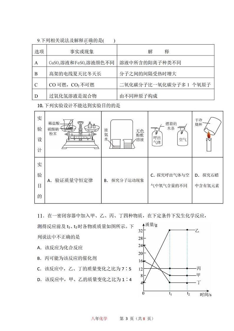 2024年哈尔滨市113中学八年级（下）三月月考化学试卷和答案第3页