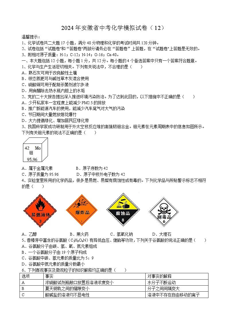 2024年安徽省中考化学模拟试卷（12）第1页