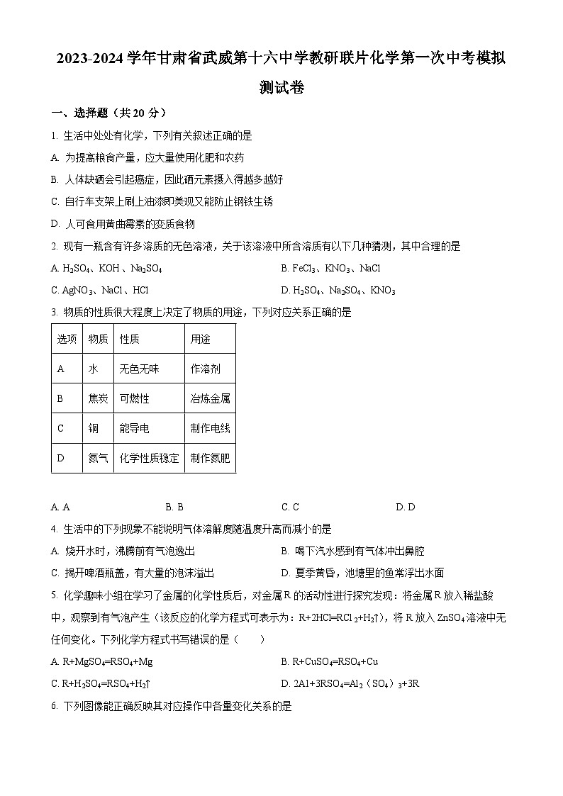 2024年甘肃省武威市凉州区武威第十六中学教研联片中考一模化学试题（原卷版+解析版）01