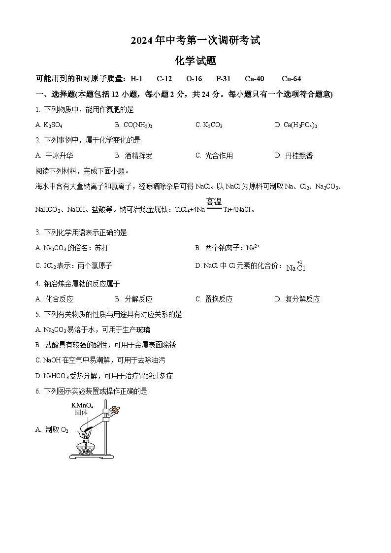 2024年江苏省连云港市东海县中考一模化学试卷（原卷版+解析版）01