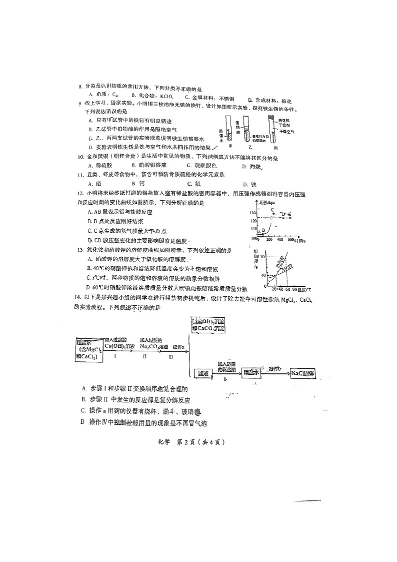2023年海南省华东师范大学第二附属中学乐东黄流中学初中学业水平模拟考试化学科试题（扫描版无答案）第2页