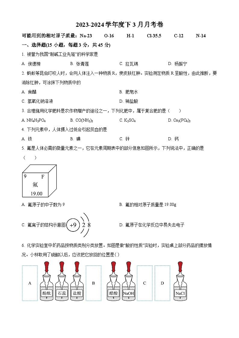 广东省江门市培英初级中学2023-2024学年九年级下学期3月月考化学试题（原卷版）第1页