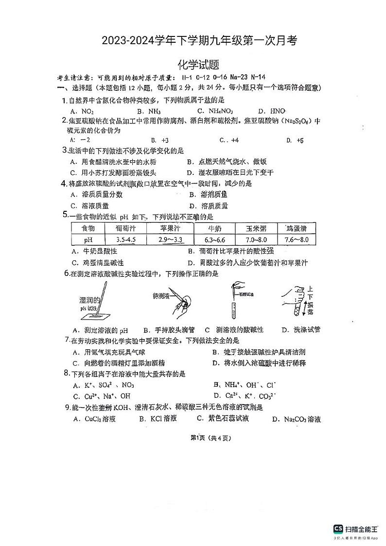山东省德州市宁津县育新中学2023-2024学年九年级下学期3月月考化学试题01