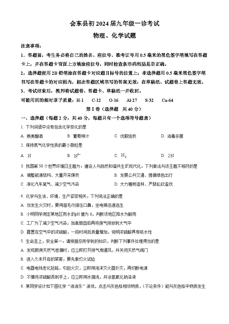2024年四川省凉山彝族自治州会东县中考一模化学试题（原卷版+解析版）01