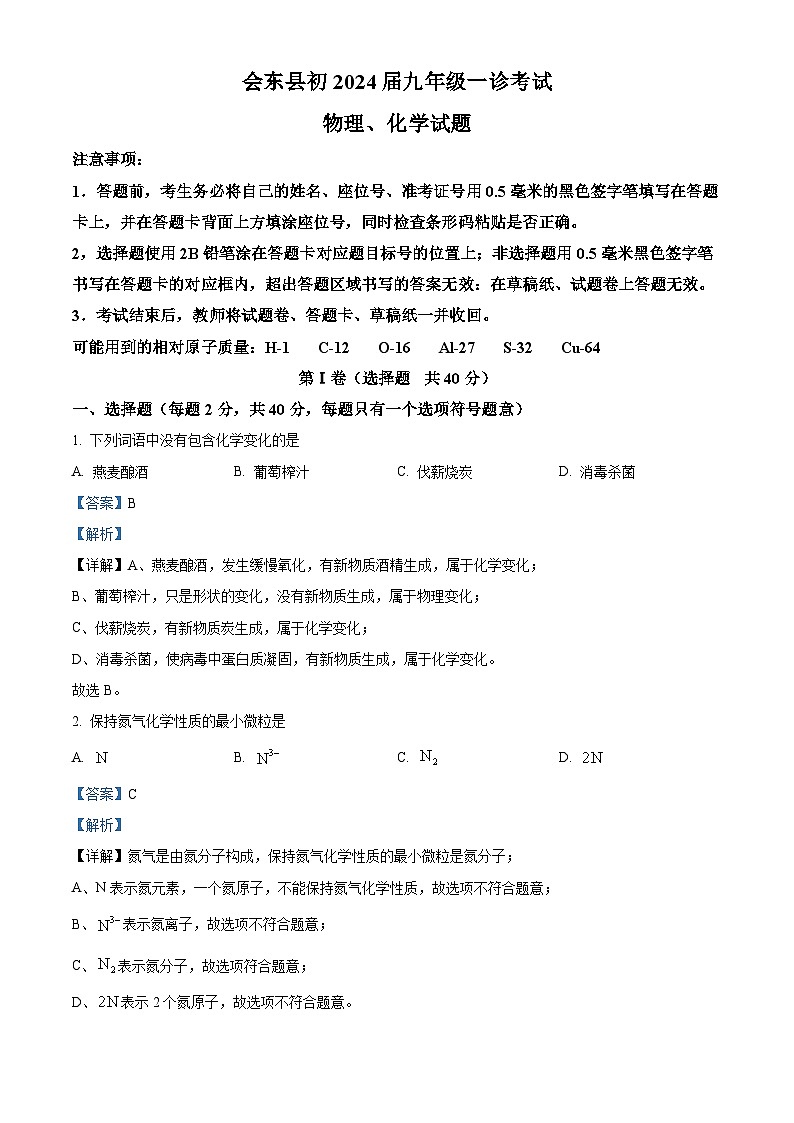2024年四川省凉山彝族自治州会东县中考一模化学试题（原卷版+解析版）01