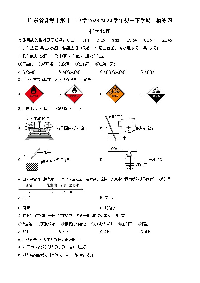 2024年广东省珠海市第十一中学中考第一次模拟考试化学试题（原卷版）第1页