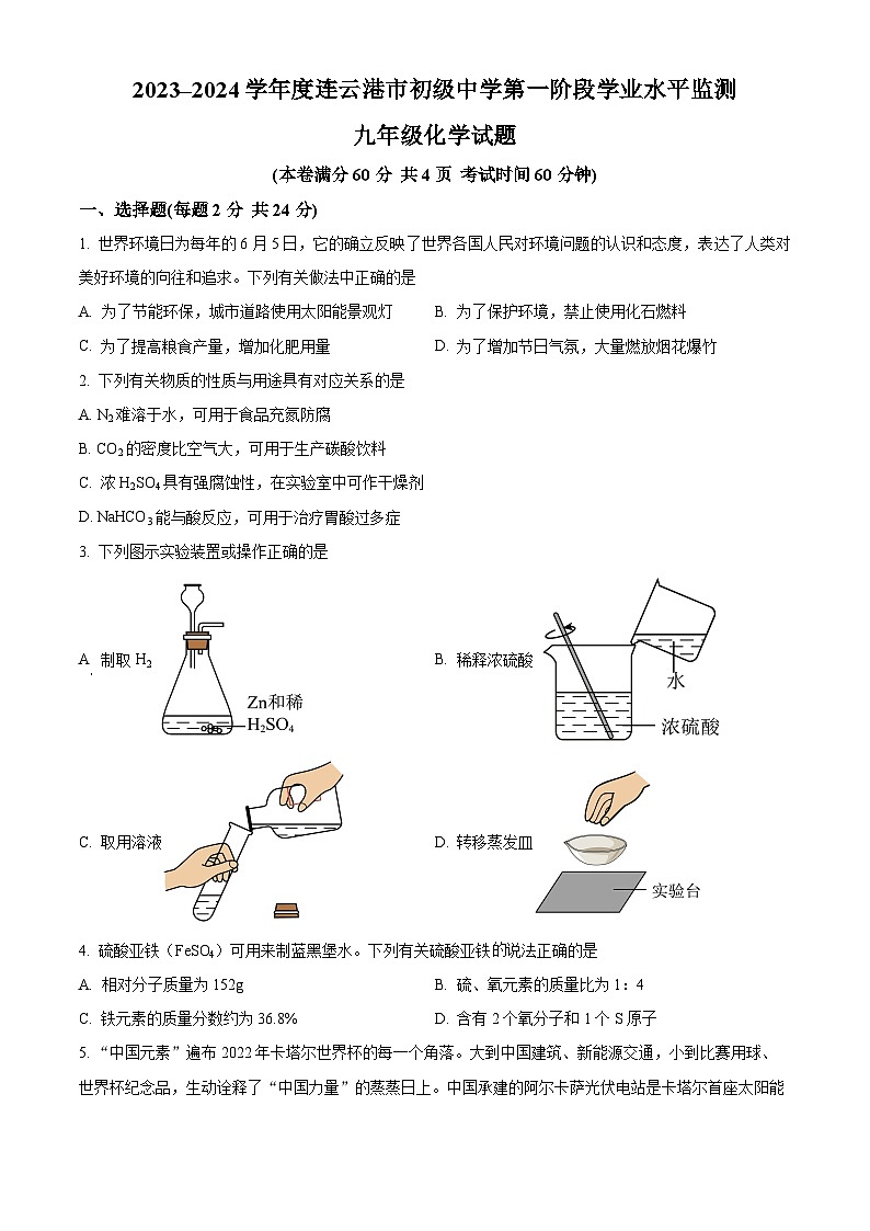 江苏省连云港市赣榆初级中学2023-2024学年九年级下学期4月月考化学试题（原卷版）第1页