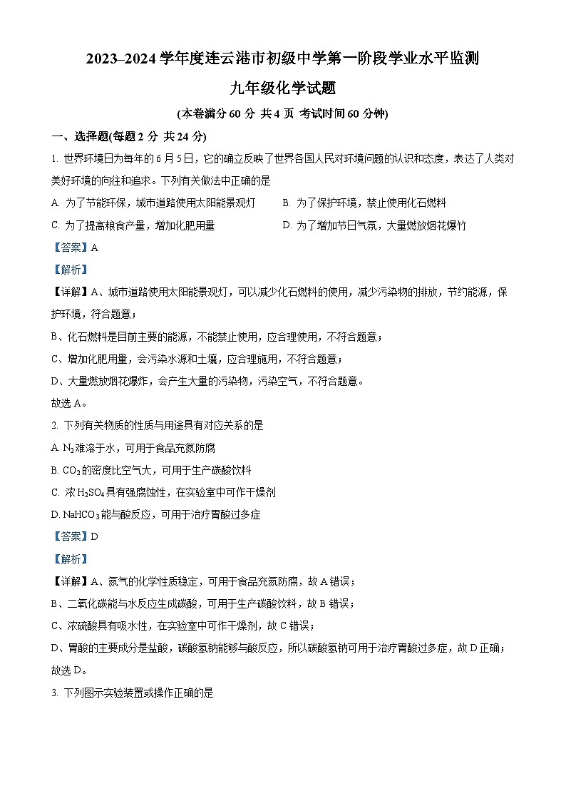 江苏省连云港市赣榆初级中学2023-2024学年九年级下学期4月月考化学试题（解析版）第1页